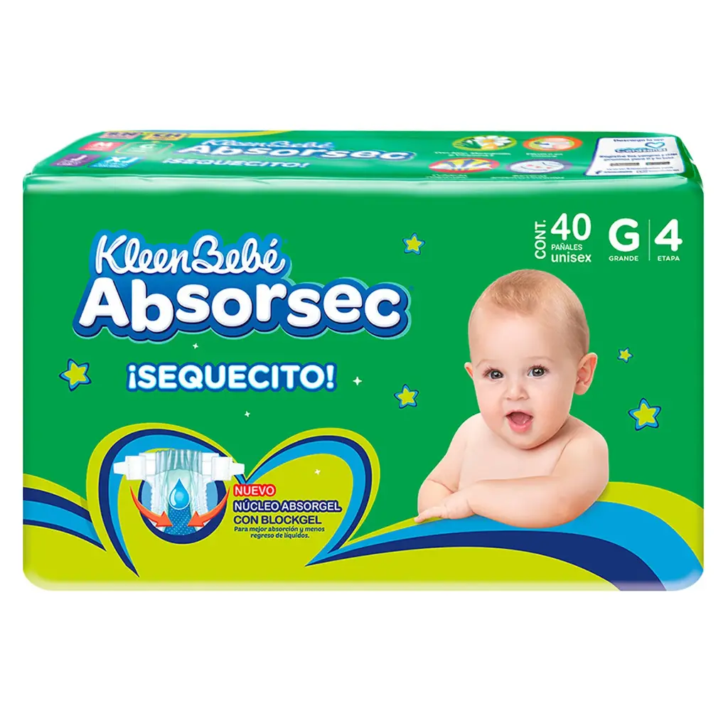 Pañal KleenBebé Absorsec Grande 40 pz