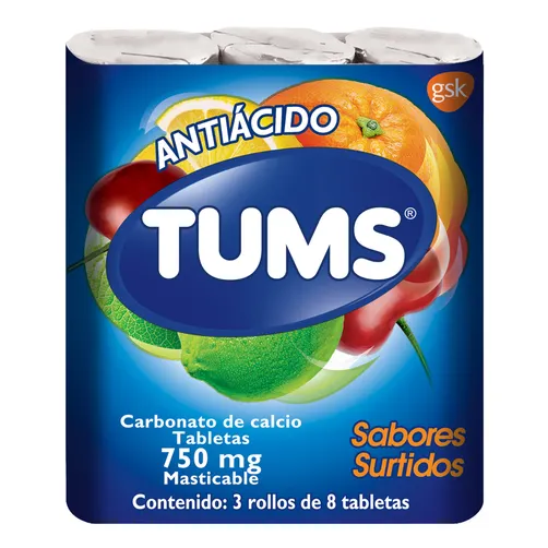 Tums Antiácido tabletas Masticables Extra Surtido 24 tabletas (3 Rollos de 8 tabletas cada uno)