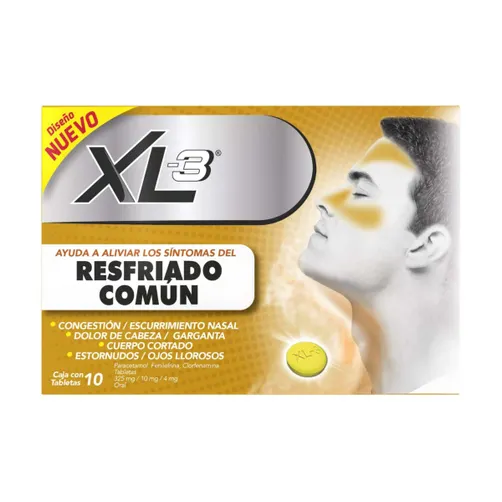 XL-3 RESFRIADO COMUN 325mg, 10mg, 4mg, Caja con 10 Tabletas