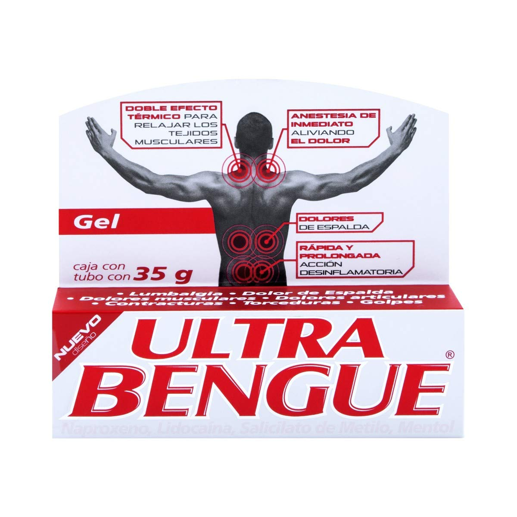 ULTRA BENGUE GEL ROJO  10g, 2g, 15.2g, 7.7g,  Caja con tubo con 35g Naproxeno, Lidocaina, Salicilato de Metilo, Mentol